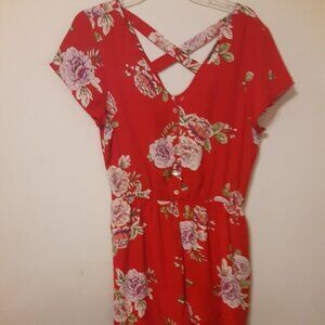 AsUWish (L) Red Romper w/Pink/Green Flowers, V-Neck, Button Front/Caplet Sleeves